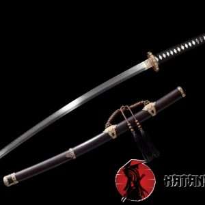 Tachi Sword T10 Folded Clay Tempered Steel Ebony Saya With Hand Carved Blossom With Brass Fittings And Elegant Brown Tassel